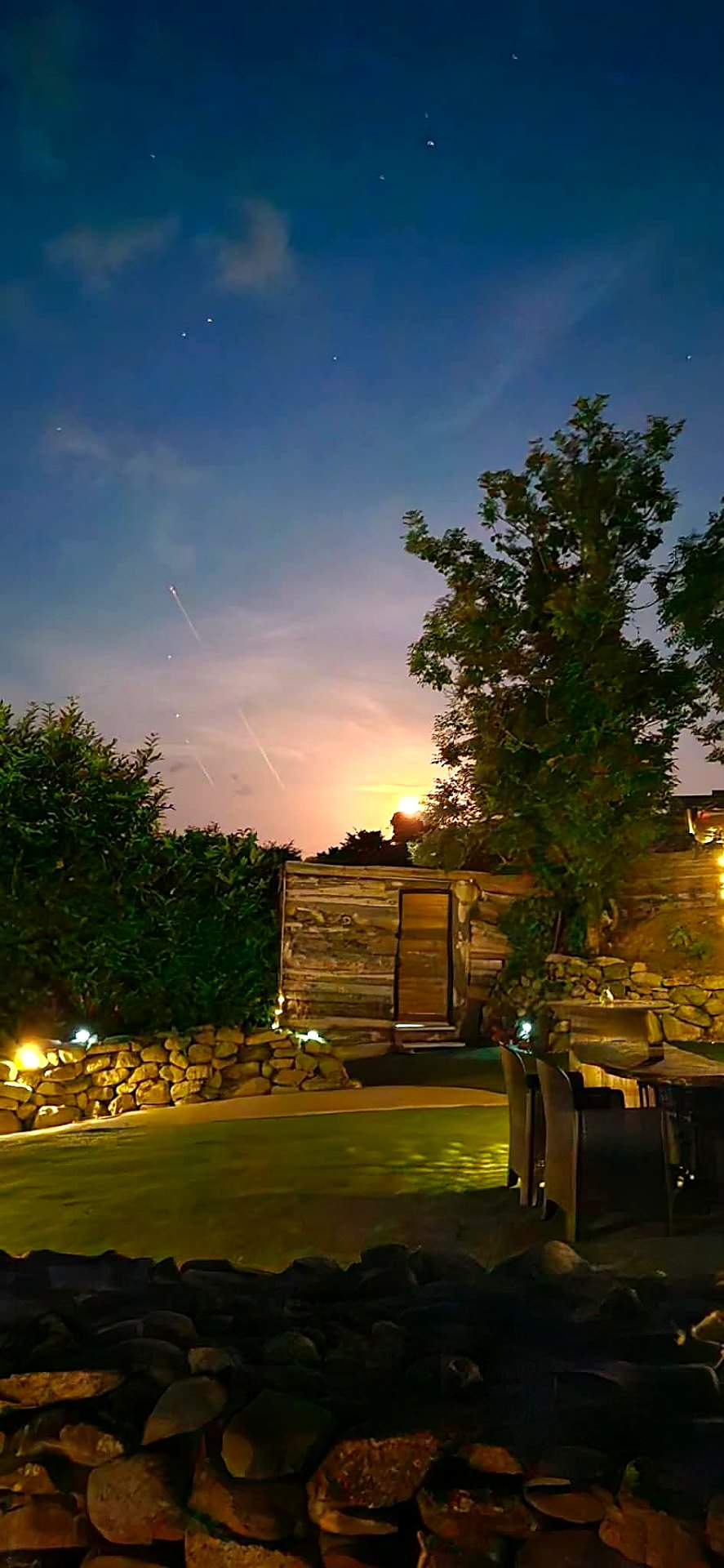Moonrise behind the trees at Fairy Cove with soft ground lighting across the lawn