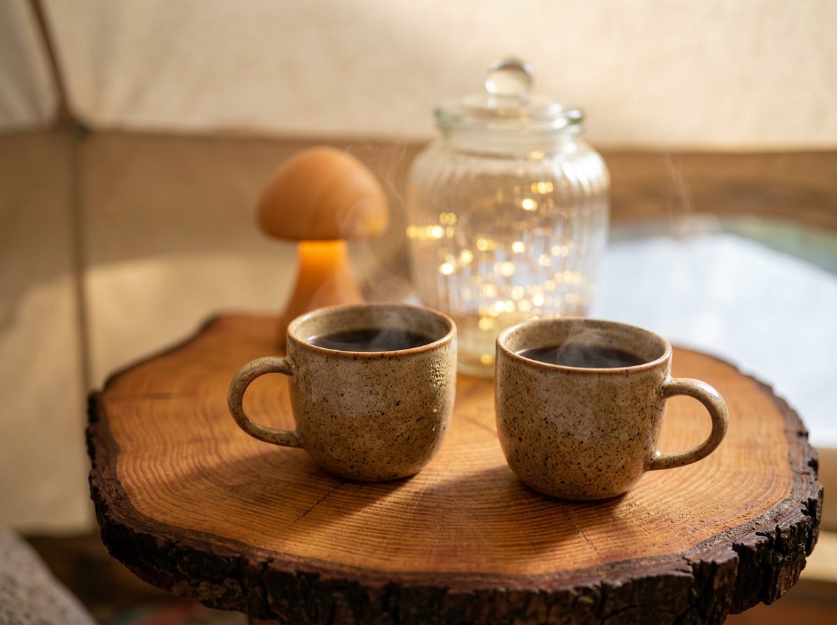 Two mugs of coffee steaming on the timber table inside a Rosemount bell tent