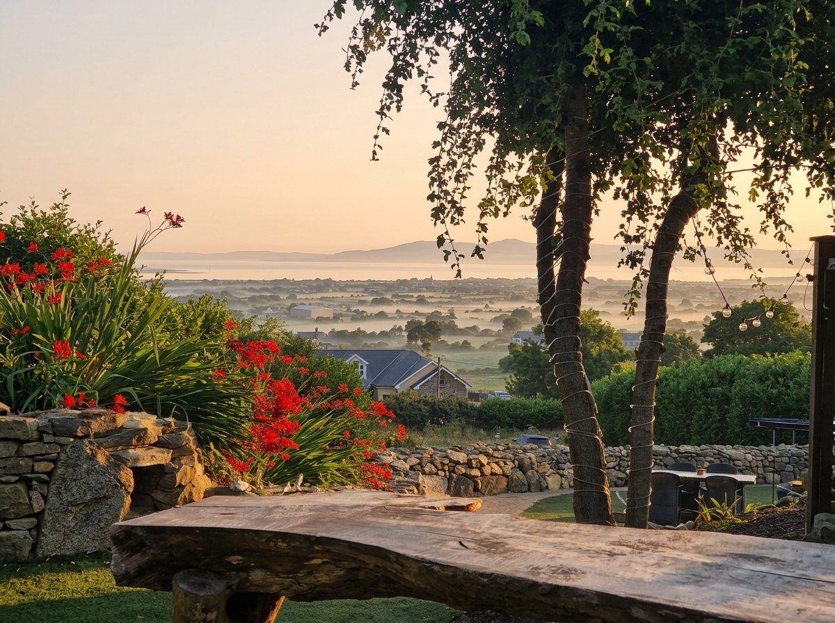 Morning light and mist over the fields, Carlingford Lough and the mountains beyond