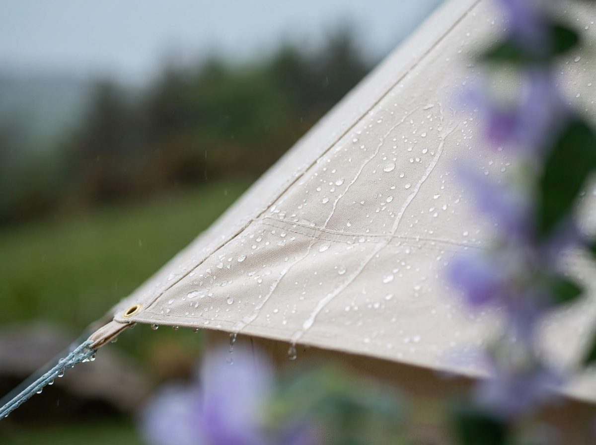 Raindrops running down the canvas of a bell tent at Rosemount Glamping